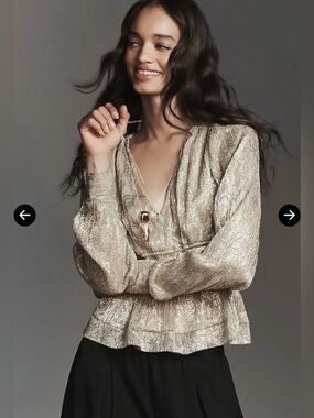 Anthropologie Metallic Smocked Long Sleeve Top